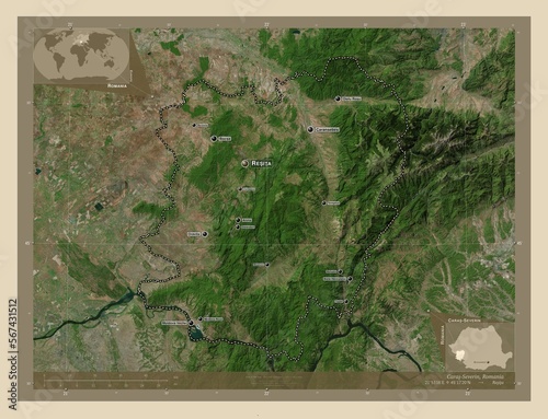 Caras-Severin, Romania. High-res satellite. Labelled points of cities photo