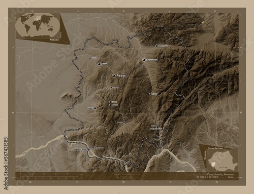 Caras-Severin, Romania. Sepia. Labelled points of cities photo