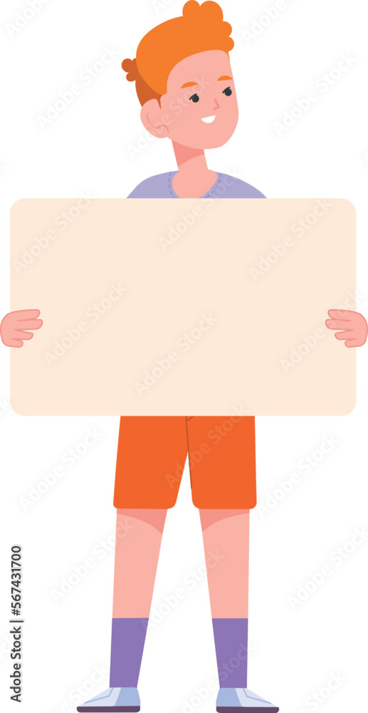 Boy hold paper banner. Smiling kid with empty placard Boy hold paper banner. Smiling kid with empty placard