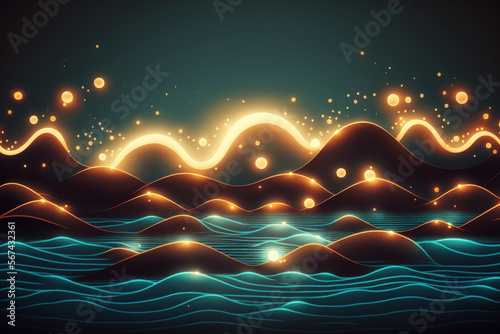 Background of lights over water. Waves. Generative AI