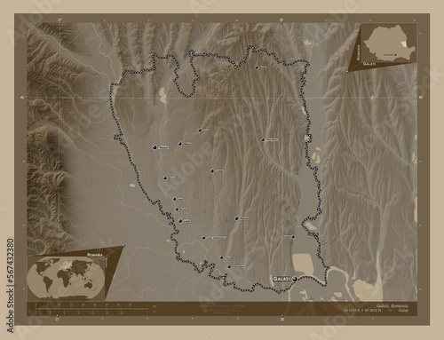 Galati, Romania. Sepia. Labelled points of cities photo