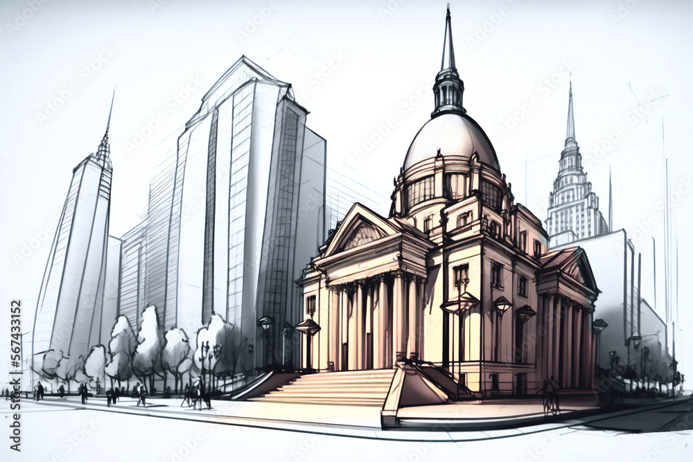 Boceto arquitectónico de Iglesia en la Ciudad
