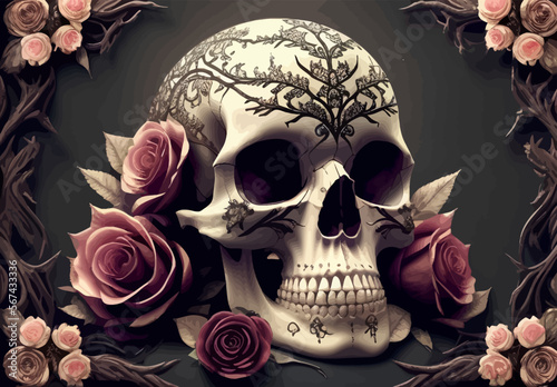 Skull and roses vector illustration. Dark fantasy.