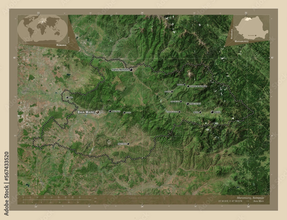 Maramures, Romania. High-res satellite. Labelled points of cities Maramures, Romania. High-res satellite. Labelled points of cities