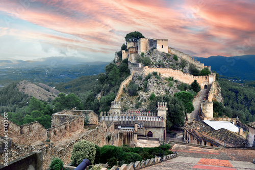 Xativa castle at dusk, at a height of 310 metres above the modern-day city, Xativa, Valencia, Spain, Europe photo