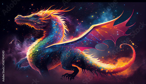Colored dragon flew in galaxy, generative ai