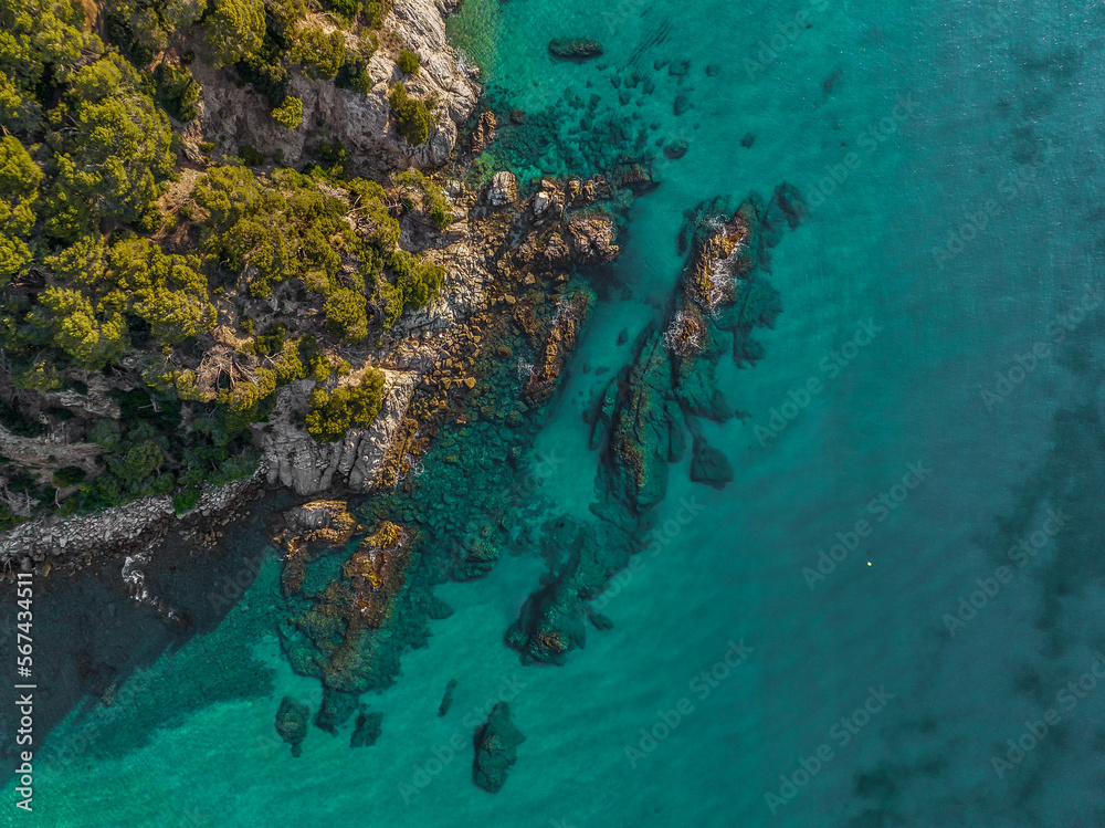 Aerial view to rocky cost of the sea, vacation theme outdoor natural background