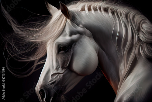 ai generated, White horse with long mane on black background. Digital painting. photo