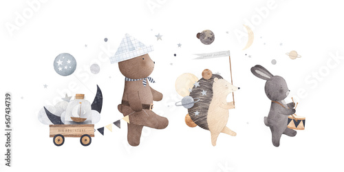Cute animals in a night adventure. Children's party of friends. Cute poster. Painting for the children's room. Isolated on white background. Watercolor illustration.