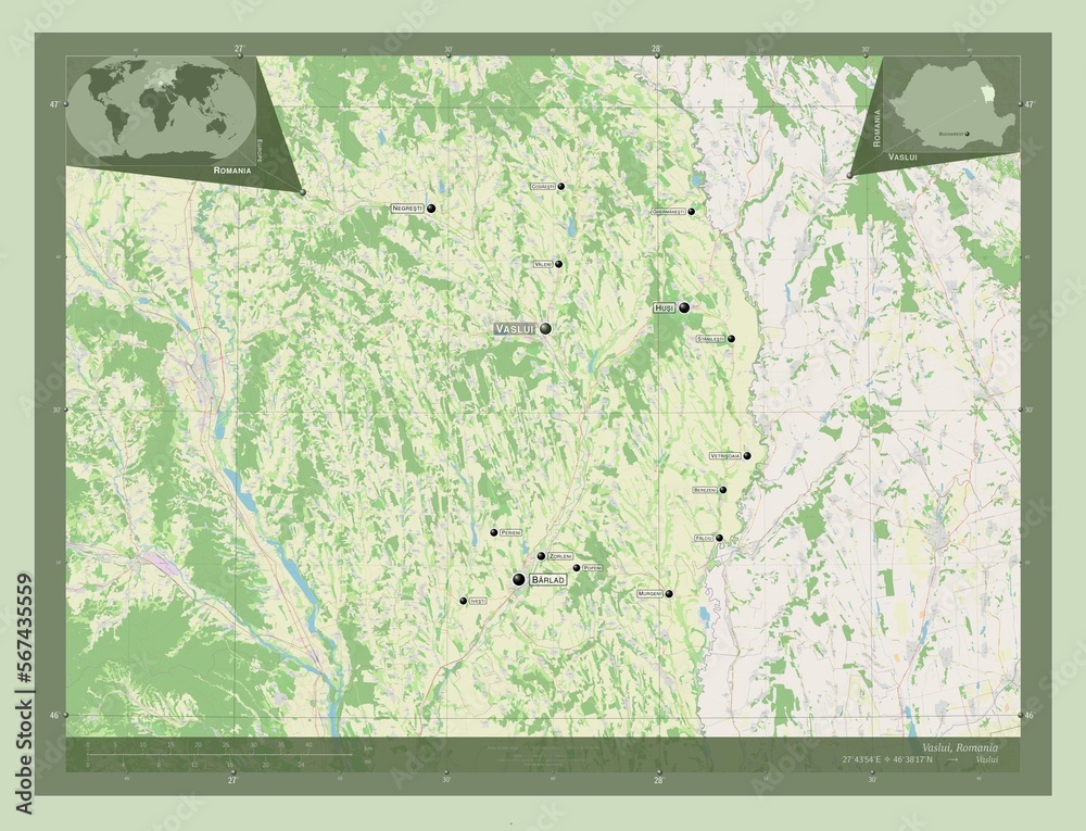 Fototapeta premium Vaslui, Romania. OSM. Labelled points of cities