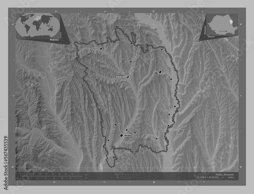 Vaslui, Romania. Grayscale. Labelled points of cities photo