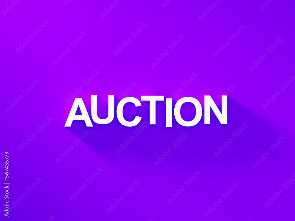 Auction white text word on purple background with soft shadow	