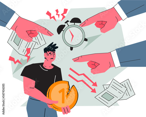 Poor working conditions, low pay and overly demanding toxic management. Toxic work and abuse, bullying colleagues, low corporate culture, flat vector vector illustration isolated on white background.