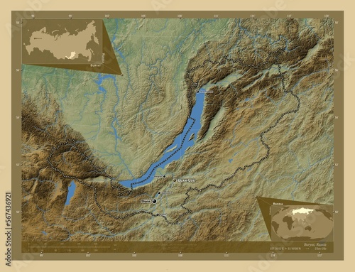 Buryat, Russia. Physical. Labelled points of cities photo