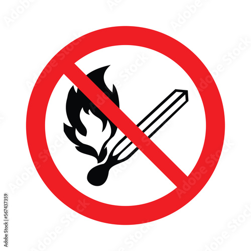 No sign of open fire. No fire, No access with open fire prohibition sign. Red, black and white vector illustration