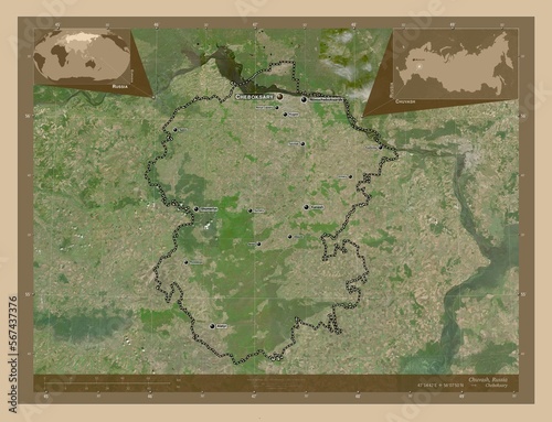 Chuvash, Russia. Low-res satellite. Labelled points of cities photo