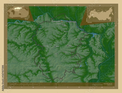 Chuvash, Russia. Physical. Labelled points of cities photo