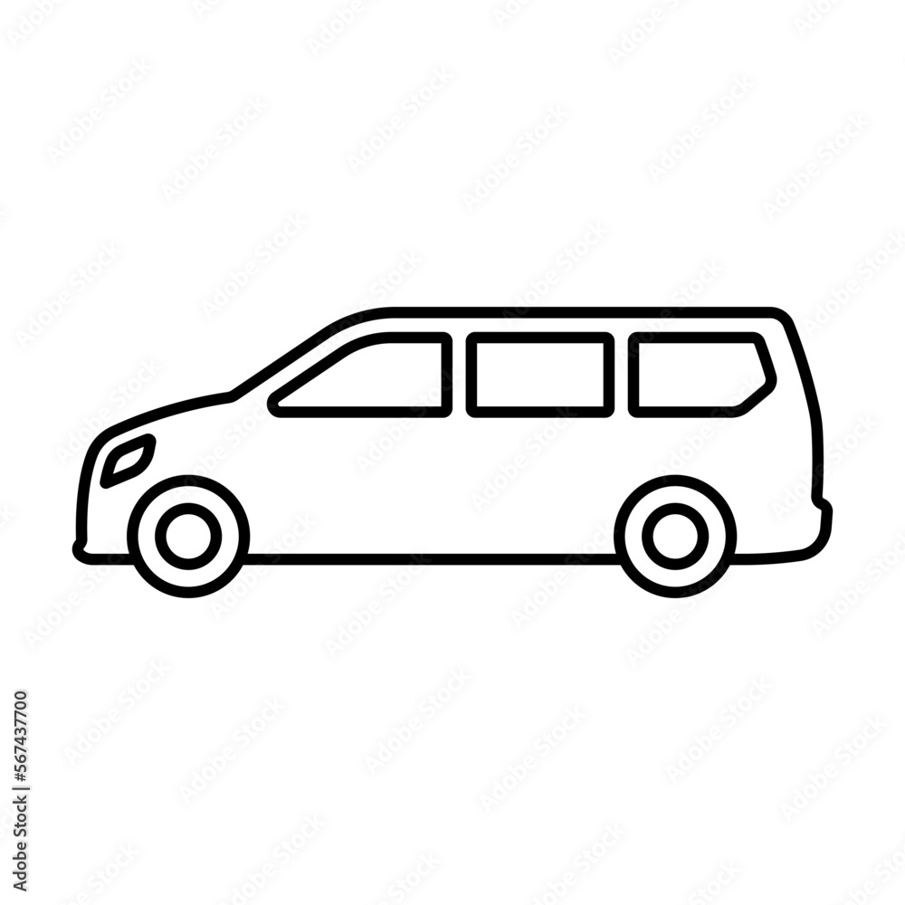 Minivan icon. Black contour linear silhouette. Side view. Editable strokes. Vector simple flat graphic illustration. Isolated object on a white background. Isolate.