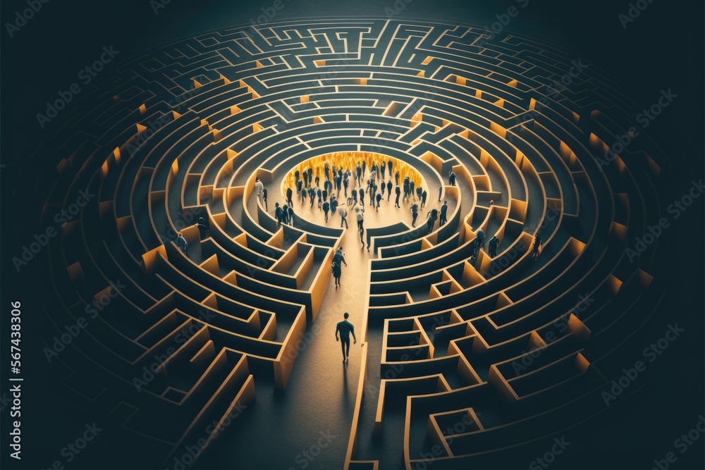 Labyrinth with light inside and people. Search for new ideas. Generative AI Labyrinth with light inside and people. Search for new ideas. Generative AI