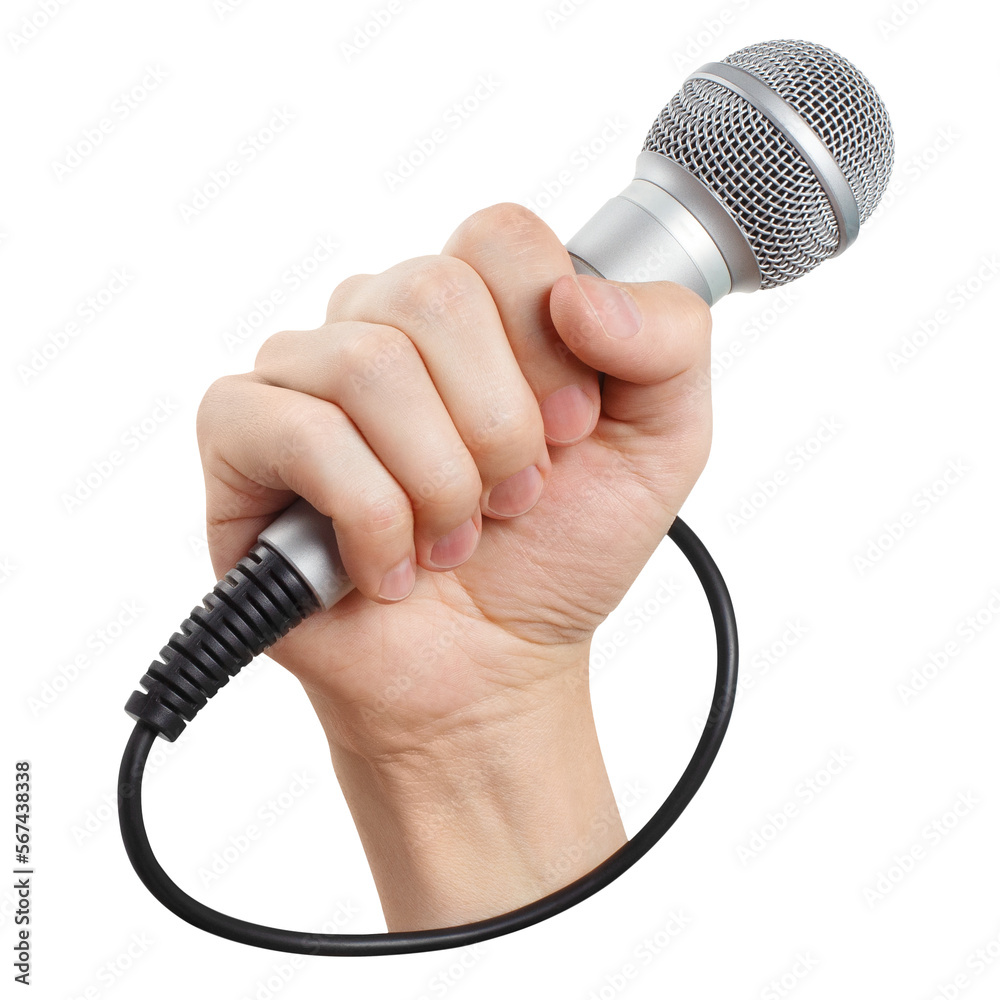 Hand holding microphone cut out Stock Photo Adobe Stock