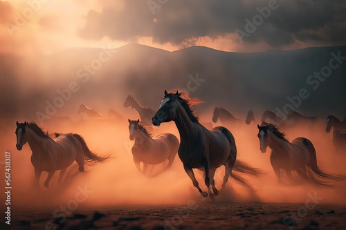A Majestic Scene  Wild Horses Running and Kicking Up Dust Against a Dramatic Sunset Sky in Kayseri  Turkey. Photo AI
