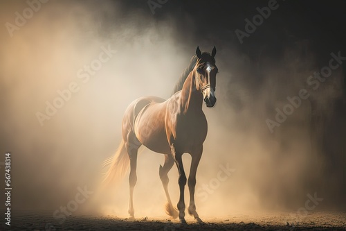 Mysterious Horse Running in the Fog: Captivating Silhouette Photo of a Backlight Horse. Photo AI