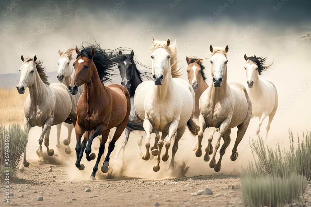 Majestic Herd of Wild Horses Running Free in the Desert - Away from All That Would Do Them Harm. Photo AI