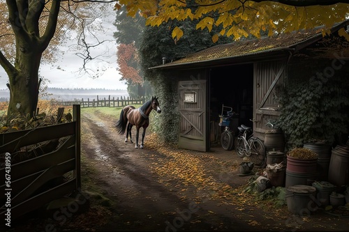 November Nature in Newcastle upon Tyne, England: A Stable with a Horse and Equestrian Equipment, Plus a Mini Lurcher Running on a Footpath. Photo AI