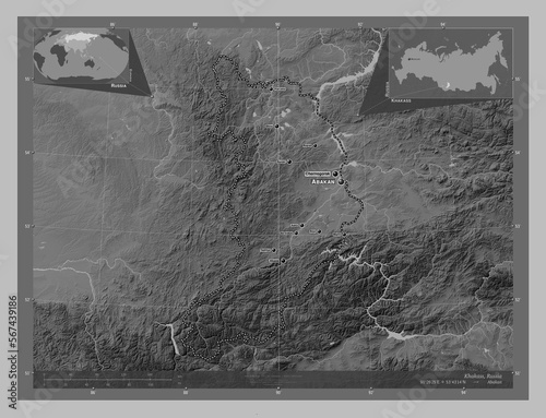 Khakass, Russia. Grayscale. Labelled points of cities photo