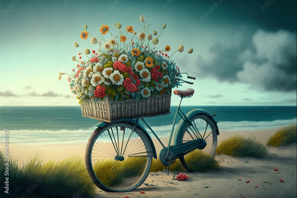  a painting of a bicycle with a basket full of flowers on the beach with a cloudy sky in the background and a blue ocean in the foreground.  generative ai