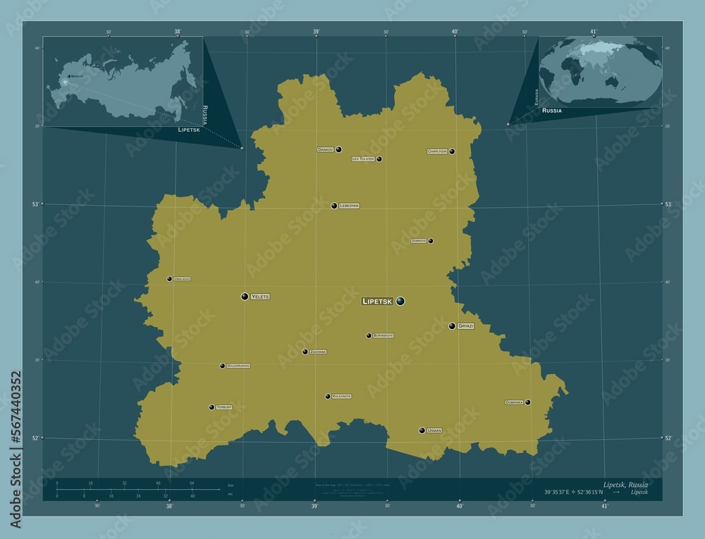 Obraz premium Lipetsk, Russia. Solid. Labelled points of cities