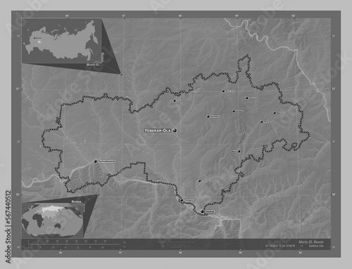 Mariy-El, Russia. Grayscale. Labelled points of cities photo