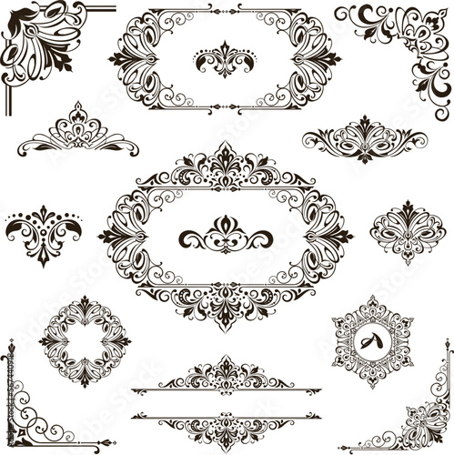 Vintage design lace borders monogram logo and corners, dividers Vector set art deco floral ornaments elements