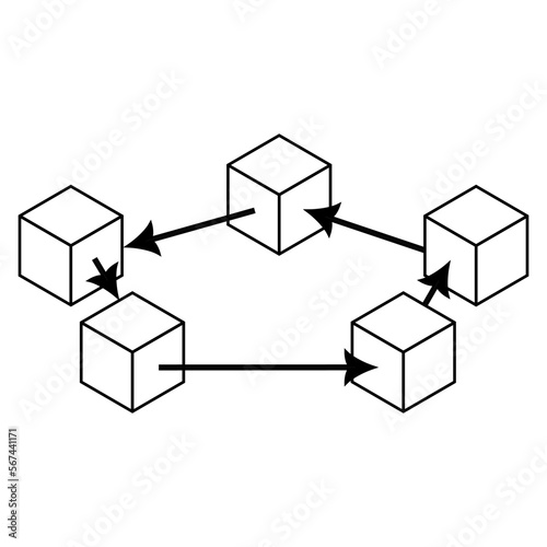 Simple monochrome vector graphic of five cubes in a pentagon shape with arrows passing between them. A simplified schematic of the passing of data in the maintenance of a blockchain