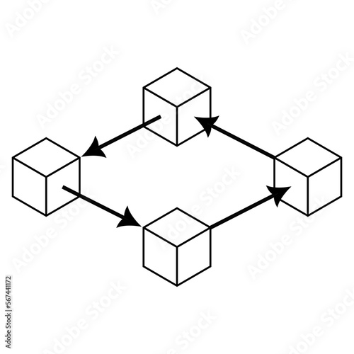 Simple monochrome vector graphic of four cubes in a square shape with arrows passing between them. A simplified schematic of the passing of data in the maintenance of a blockchain