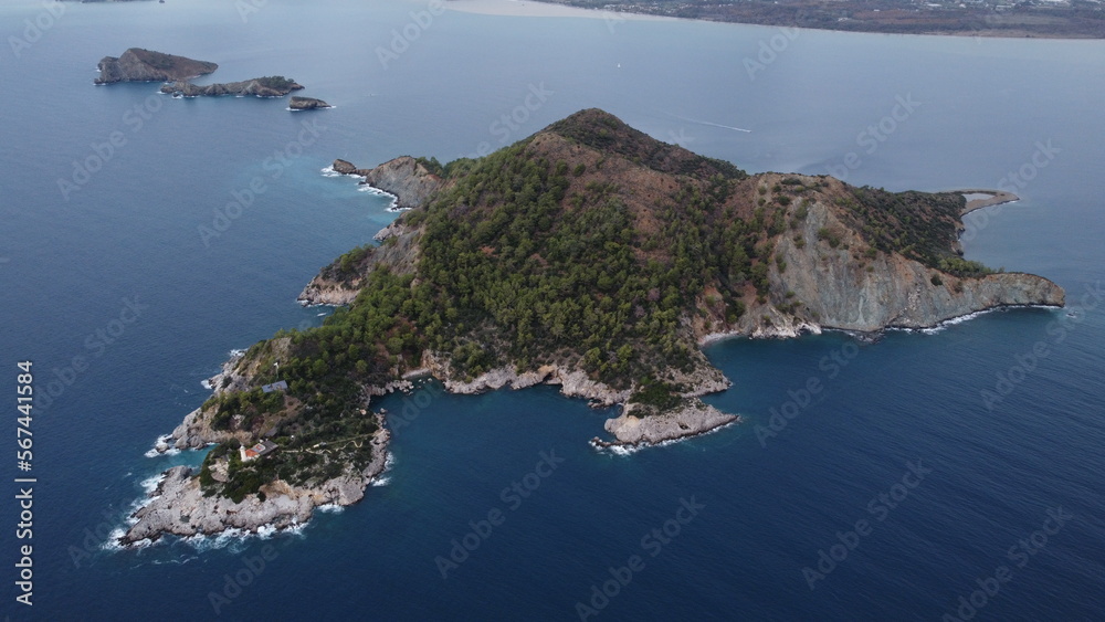 Island in the mediterranean sea. Drone view of the Kizil Ada island.