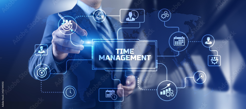 Time management planning productivity business concept. Businessman pressing button. Time management planning productivity business concept. Businessman pressing button.