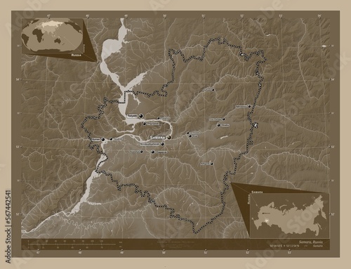 Samara, Russia. Sepia. Labelled points of cities photo