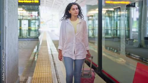 Woman passenger walking at the station after getting off the train