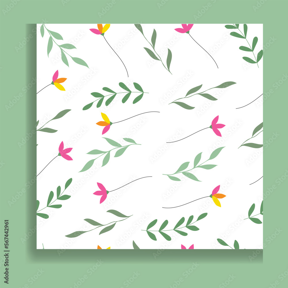 Simple floral seamless patterns. Meadow plants, leaves, and small daisy flower collection. All over print. Botanical collage in modern flat liberty style. Floral silhouettes. Vector.