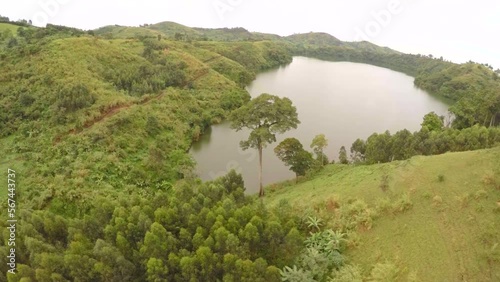 Cinematic aerial top view of a Lake in Uganda, near Fort Portal
