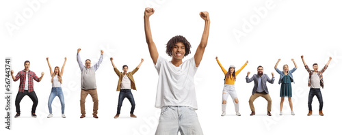 African american young man cheering and other people behind raising arms