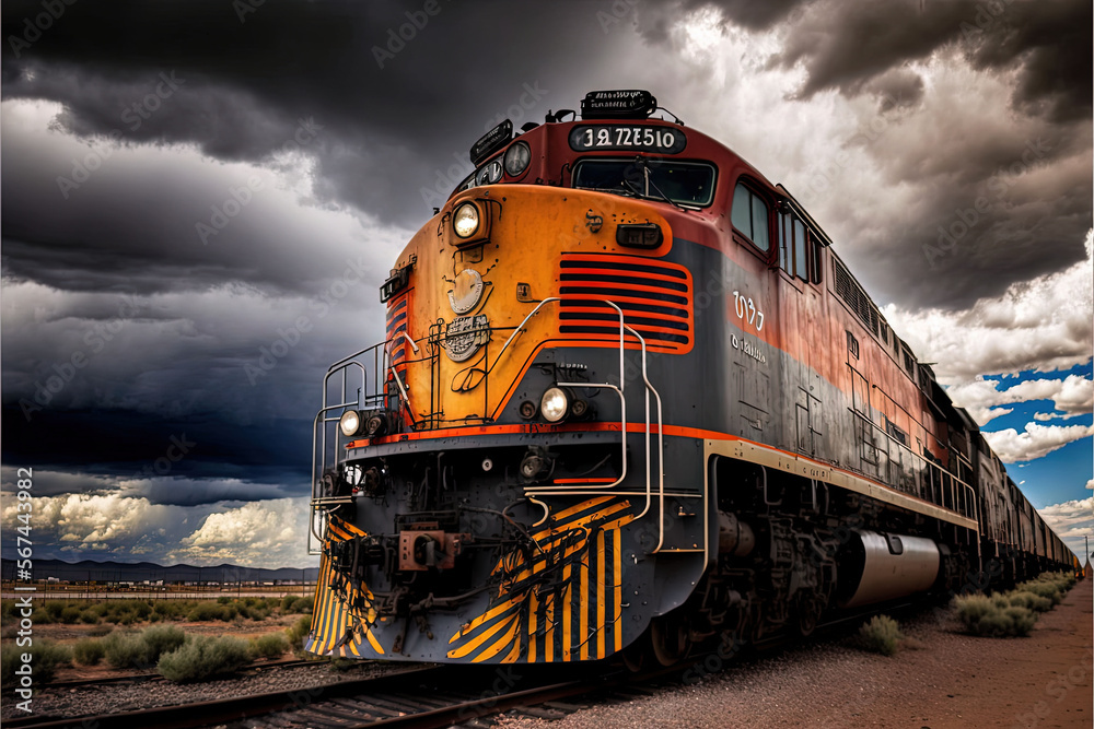 Φωτογραφία an orange and black train traveling down train tracks under a cloudy sky with dark clouds in the background and a yellow and black train on the tracks
