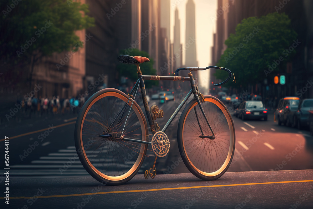  a bicycle parked on the side of the road in a city with tall buildings in the background and a busy street with cars on it.  generative ai