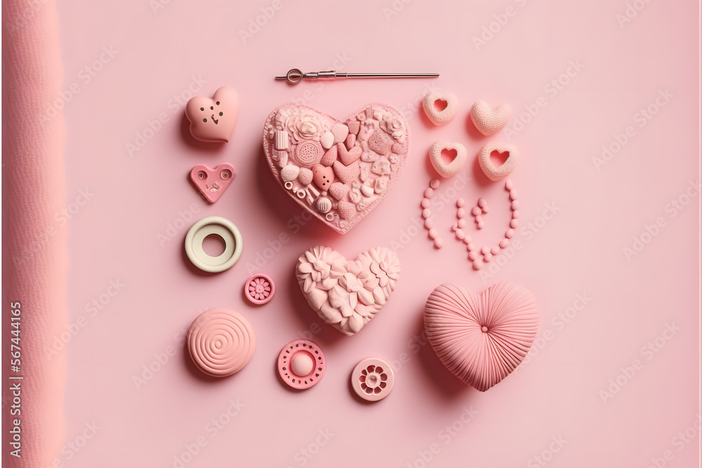 Valentines Day composition. Heart on pale pink background. Flat lay, top view Love concept made with Generative AI technology Valentines Day composition. Heart on pale pink background. Flat lay, top view Love concept made with Generative AI technology