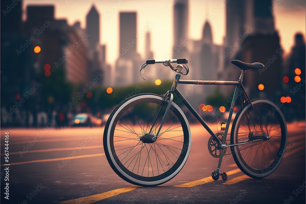  a bicycle parked on the side of a road in front of a city skyline at night with traffic lights in the background and buildings in the distance.  generative ai