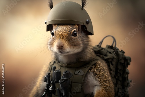 Portrait of a squirrel dressed in a military uniform, generative ai