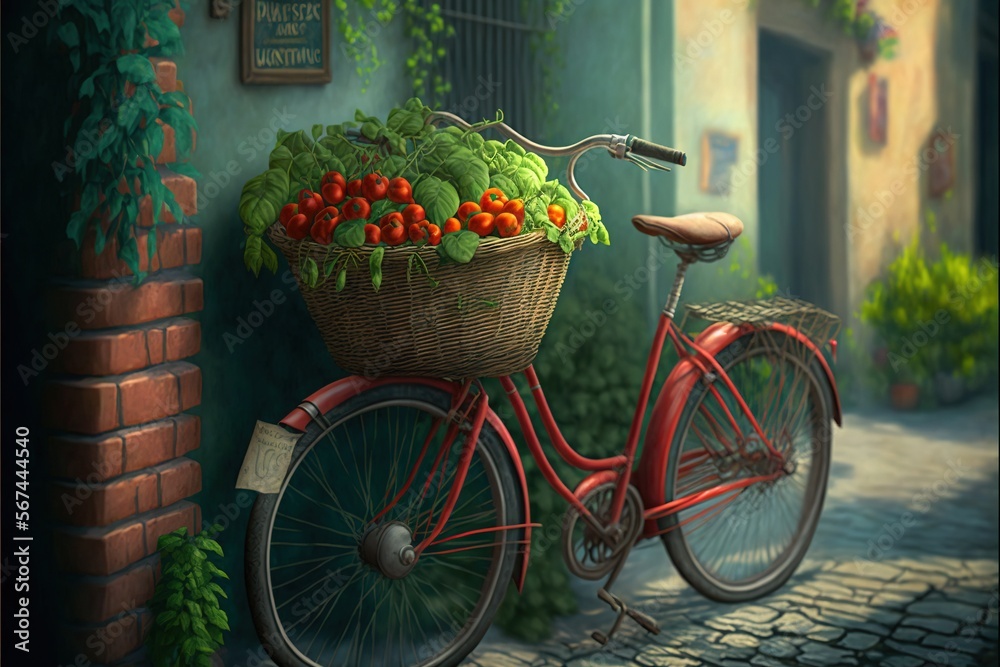  a painting of a red bike with a basket of vegetables on the back of it, along with a brick wall and a brick building.  generative ai