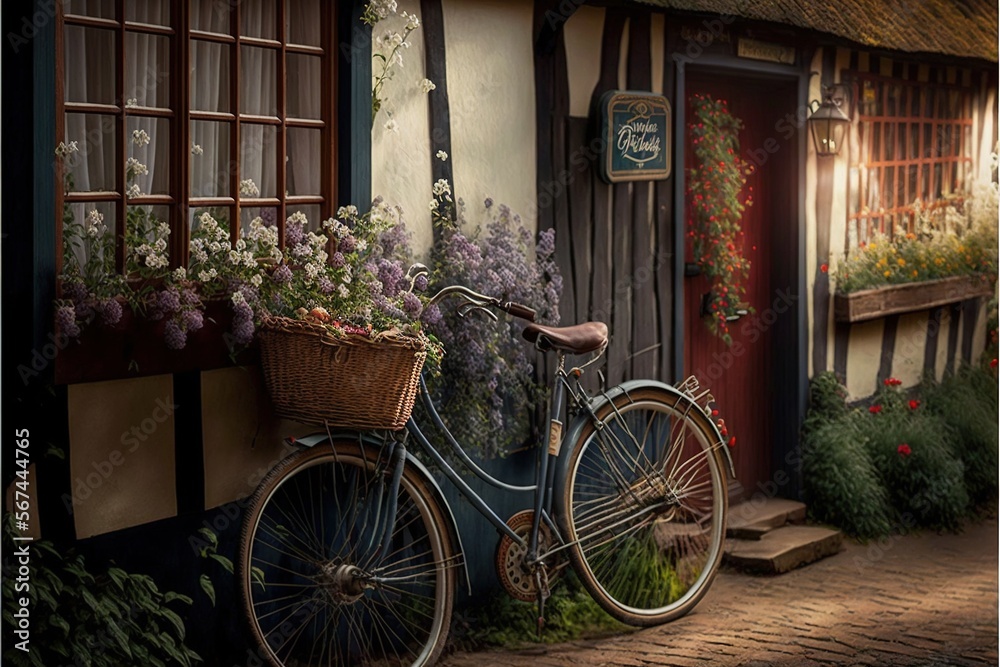  a bicycle parked next to a building with flowers on the side of the building and a basket of flowers on the front of the building.  generative ai