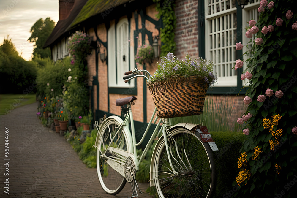 a white bicycle parked next to a house with a basket full of flowers on the front of the bike and flowers growing on the side of the house.  generative ai